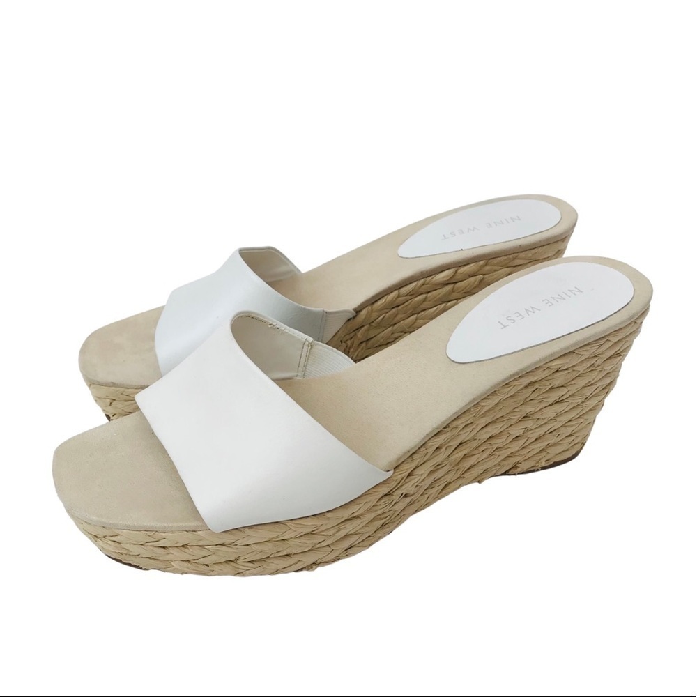 Nine West Librao Leather Straw Raffia Platform Wedge Square Toe Heel Sandals